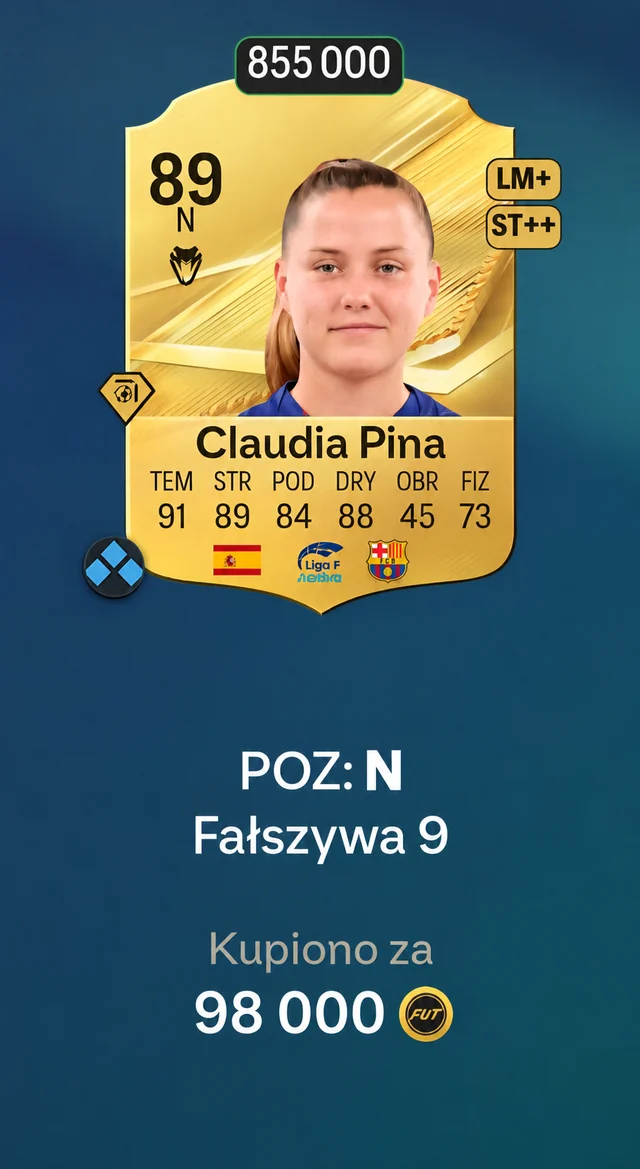 Karta Claudia Pina 89 w EAFC Web App z informacją Kupiono za 98 000 monet.